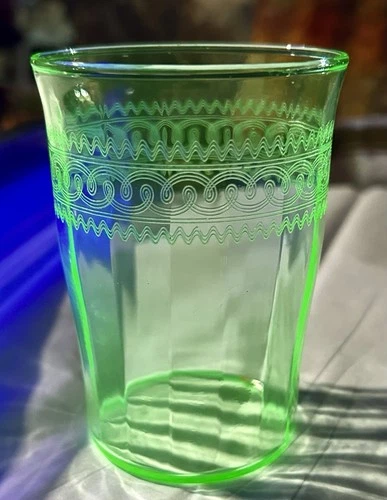 6 - Uranium Needle Etched Optic GREEN 3 7/8” tall 8 oz. Water Tumblers