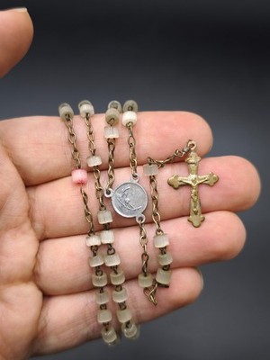 Vintage Catholic Rosary Cat's Eye Glass Beads Holy Family Medal Brass Crucifix