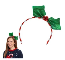Christmas Holly Headband Sparkly Green Leaves Jingle Bells Holiday Accessory