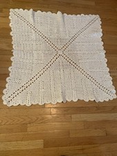 Vintage Handmade White Crochet Baby Blanket Or Throw With Scalloped Edging 38x36