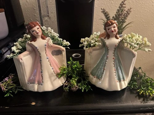 Florence California Woman Figurine Planter Ceramic Pink Green White