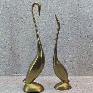 Pair of Vintage Brass Heron Crane Egret Statues Large 16.5" and 13.5" MCM 