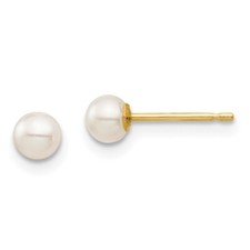 14k Yellow Gold 3-4mm White Round Freshwater Cultured Pearl Stud Earrings 0.1gm