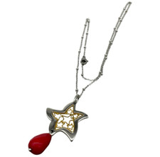 Collana donna catenina perline Stella e pietra rossa a goccia colore Argento Oro