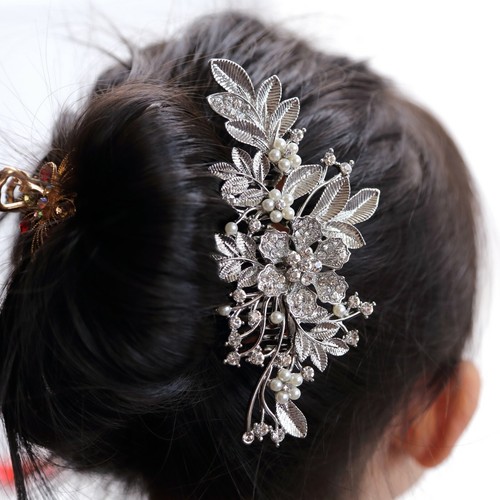 Silver tone flower hair comb bridal wedding crystal rhinestone hair accessories - Picture 2 of 5