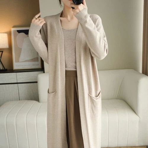 Damen Kaschmir Strickjacke Herbst Lang Strick V-Ausschnitt Wolle Mäntel Mittellang - Bild 1 von 26