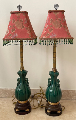 Vintage Frederick Copper Pair of Green Jade Oriental Design Pottery Table Lamps