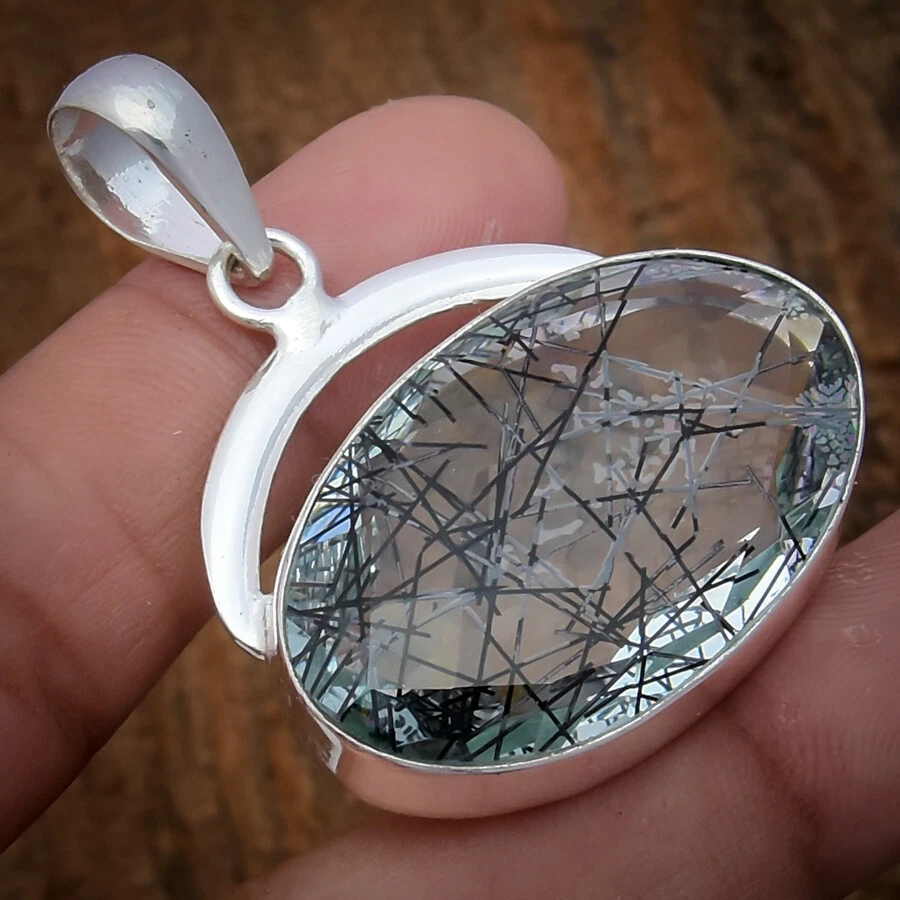 Magnificent Nero Rutilato Quarzo Gemma 925 Pendente Argento Sterling BT-16 - Immagine 2 di 3