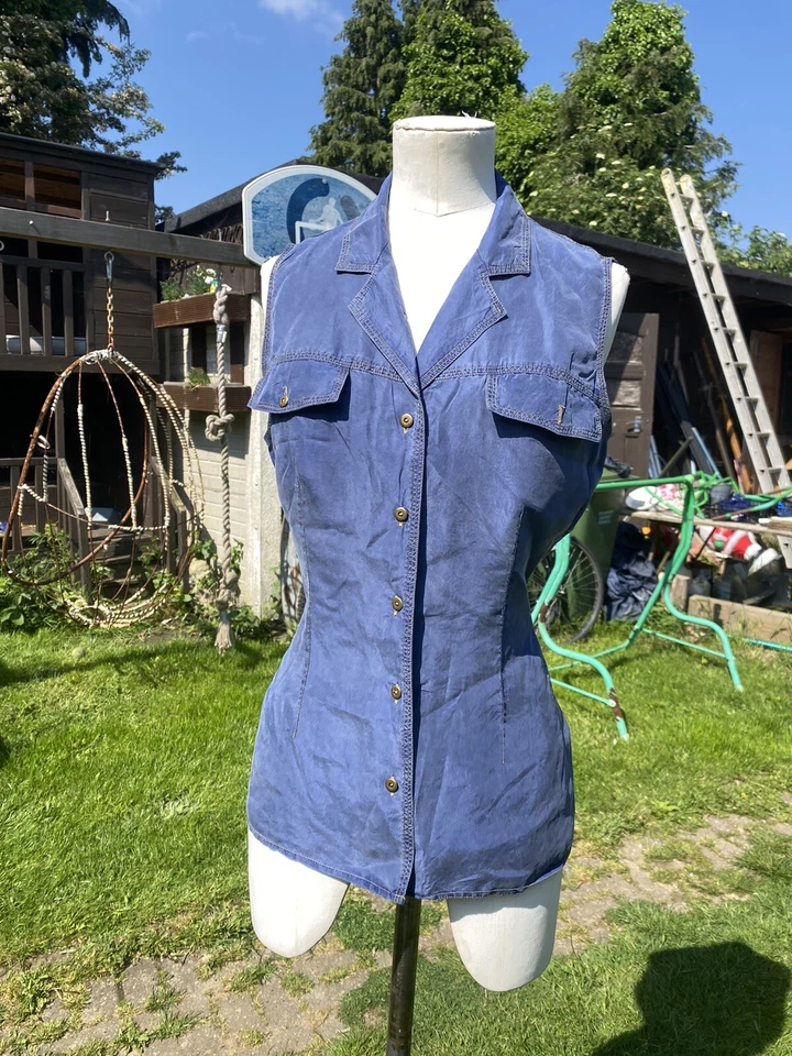 SIZE 10 VINTAGE 90s BLUE PURE 100% SILK BLOUSE SLEEVELESS ORANGE TRIPLE STITCH - Image 4 of 4