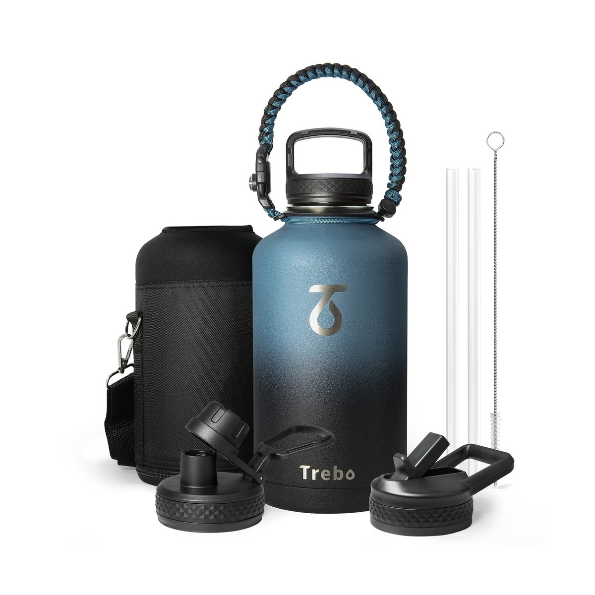 Trebo Water Bottle 64oz with Paracord Handle, Half Gallon Food