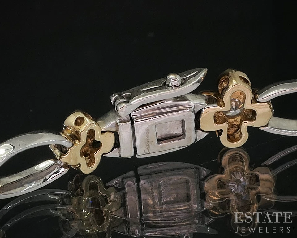 14k Two Tone Gold Natural .75ctw Diamond Flower Link Bracelet 11g 7.25"L i20046 - Image 4 of 4