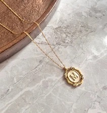 24K Gold Initial Necklace White Enamel Letter Pendant CZ Accents Personalized