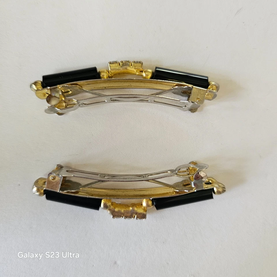 Rare Pair Matching Vintage Hair Barrettes Elegant Black & Gold w/ Rhinestones - Image 2 of 4