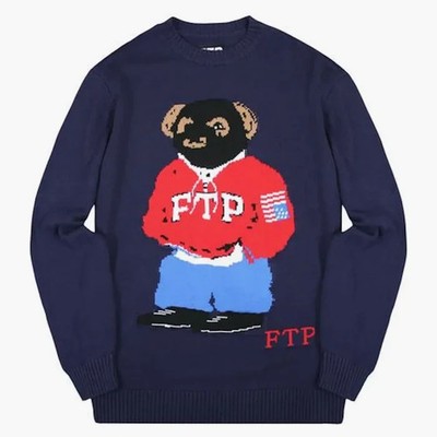 FTP Bear Knit Sweater Navy Size Large Mens Streetwear Graphic Hype Skate