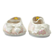 Build A Bear BAB Sequin Ballet Flats White Pink Iridescent Shoes Bow Plush Teddy