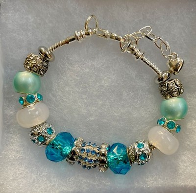 7 1/2  Silver Plated Blue Themed Charm Bracelet Lobster Clasp 1 1/2  Ext