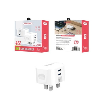 Ven-Dens 45W GaN Schnellladegerät Dual USB C/A Netzadapter UK Adapter SP-TC70AG