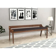 Elegant Solid Wood Low Profile Back Faux Leather Padded Dining Bench Entryway