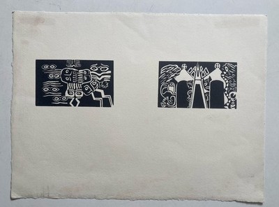 Vintage Radierung abstrakte Figuren und Muster schwarz + creme auf Papier