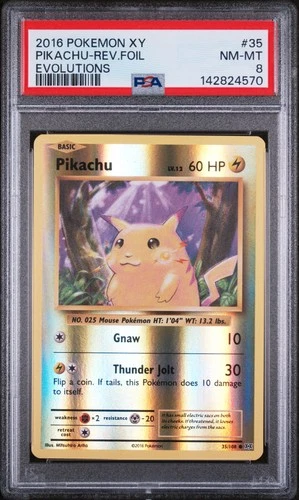 2016 POKEMON XY EVOLUTIONS #35 PIKACHU-REVERSE FOIL PSA 8
