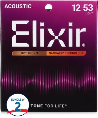 Elixir Strings 11052 Nanoweb 80/20 Acoustic Guitar Strings - .012-.053 Light