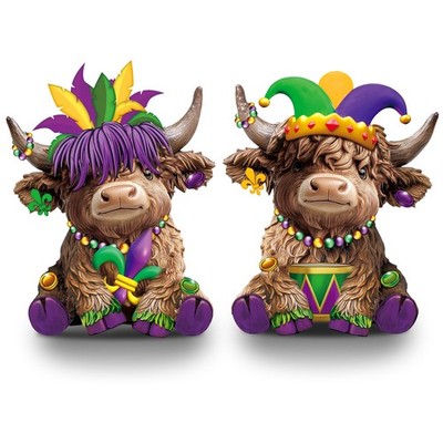 2 Pcs Mardi Gras Highland Cow Figurines, Carnival Feather Mask Beads Scottish Co