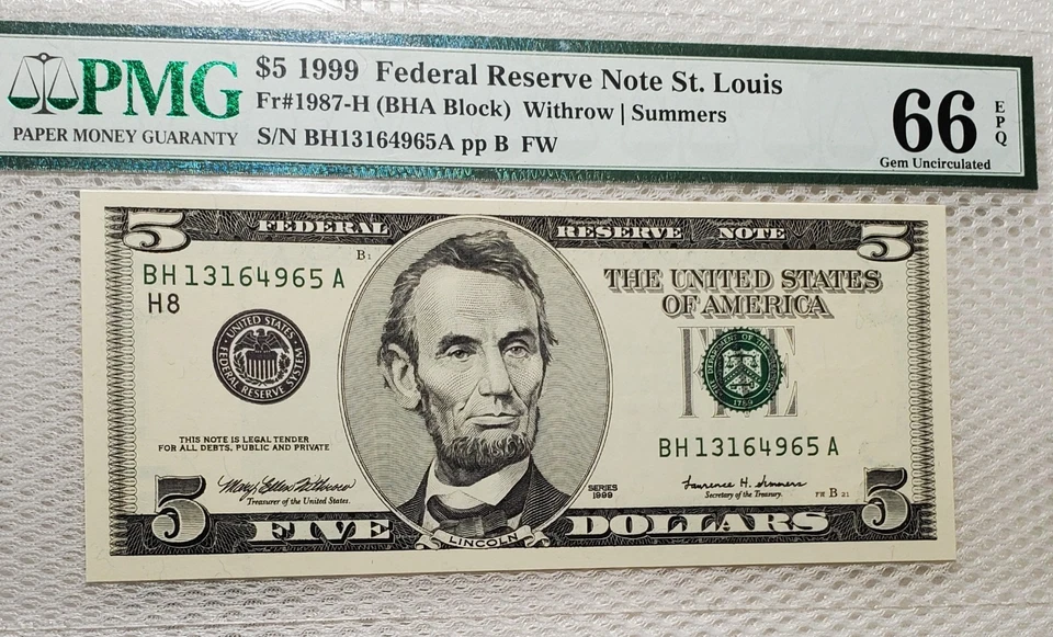 1999 $5 Federal Reserve Note St Louis, MO PMG Gem Uncirculated 66 EPQ - Image 2 of 4