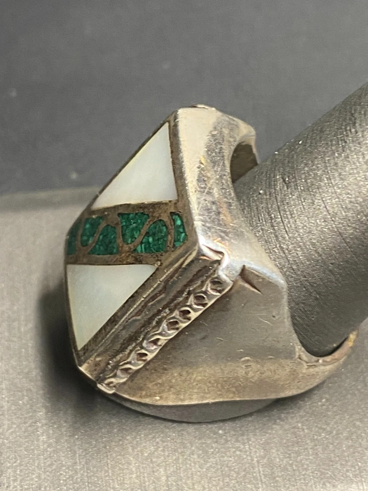 ANILLO ENORME HOMBRE PLATA ESTERLINA 925 MADREPERLA Y TURQUESA TALLA 12.25 Foto 2 de 4