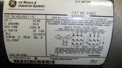 GE 1 HP Motor with Stearns Brake 5K49UN8119 - Picture 2 of 3