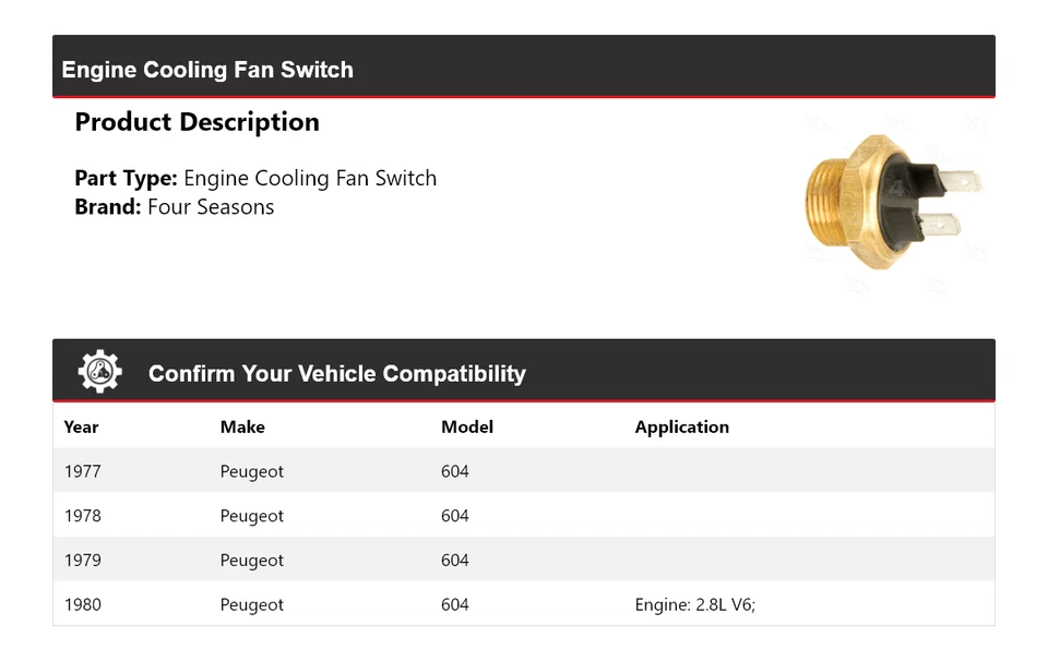 For 1977-1980 Peugeot 604 Engine Cooling Fan Switch 4 Seasons 1978 1979 - Image 2 of 4