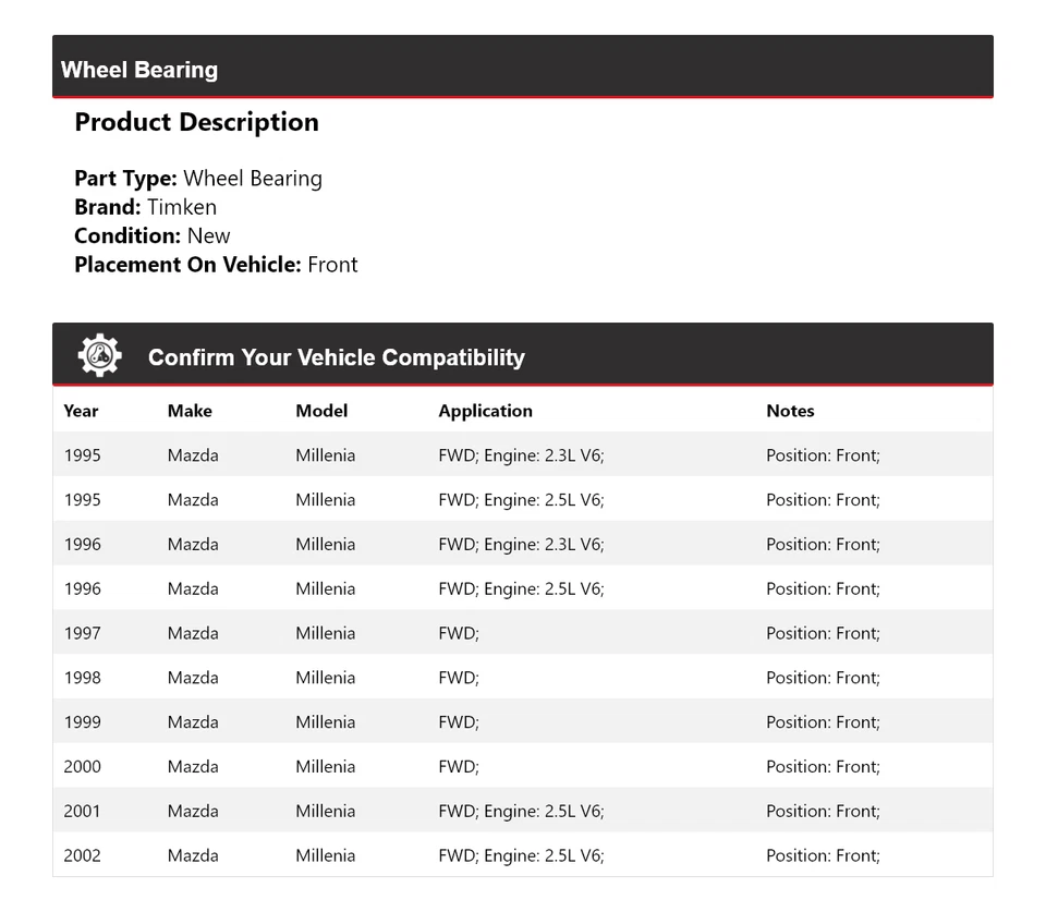 Cojinete de rueda delantero Timken 1996 1997 1998 1999 para Mazda Millenia 1995-2002 tracción delantera Foto 2 de 4