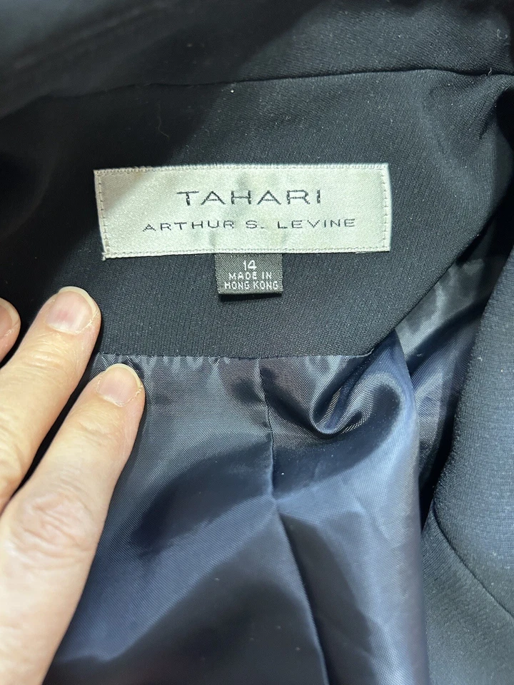 Chaqueta Blazer Tahari ASL Levine Azul Marino Borde Cosido Doble Pecho Talla 14 Foto 3 de 4