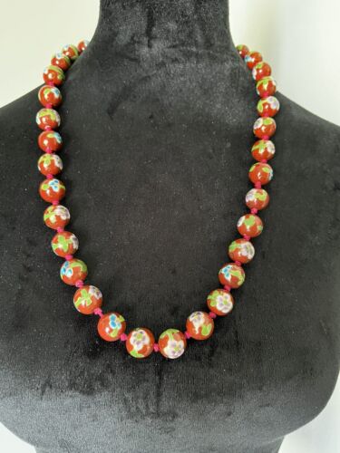 Cloisonné Necklace Enamel Red, Pink Green Hand Kno