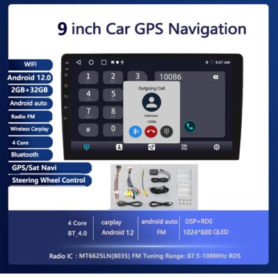 Android 12 Carplay/Android Auto Autoradio Stereo 2 DIN GPS SatNav WIFI 9'' 2+32G