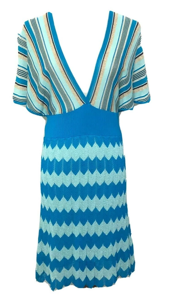 Vestido Suéter Marciano Azul Rayas Tejido Chevron Talla M Manga Acampanada Sumergible DM Foto 3 de 4