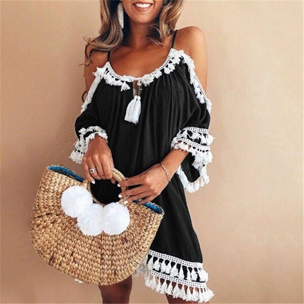 NWOT M Women Black Tassel Dress Loose Fit Off Shoulder Halter Dress | eBay NWOT M Women Black Tassel Dress Loose Fit Off Shoulder Halter Dress | eBay