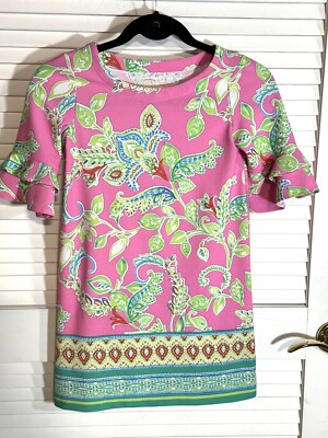 Pappagallo Girls Size M Pink Green Floral Ruffle Sleeve Dress 7-8 EUC