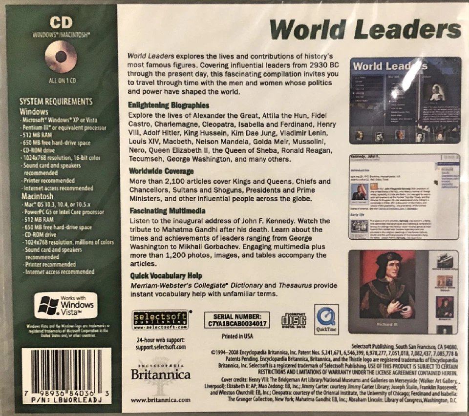 Encyclopedia Britannica World Leaders Pc New Win7 Vista XP Legends of History - Image 2 of 2