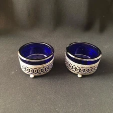 Vintage Open Pickles Silver Cobalt Glass Dishes Italy Silver Plated Collectible