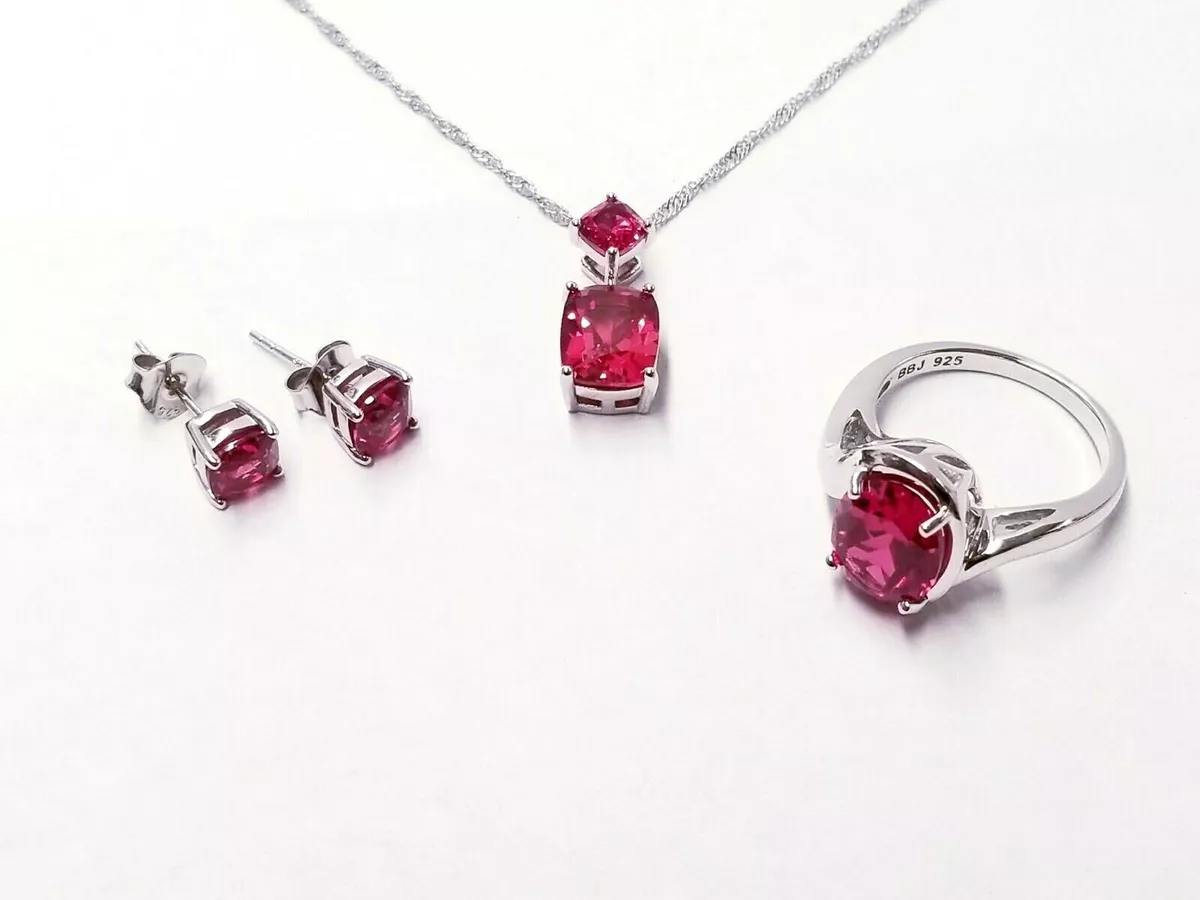 JTV Pink Lab Created Padpardscha Sapphire Rhodium Over Silver Jewelry Set GYH009