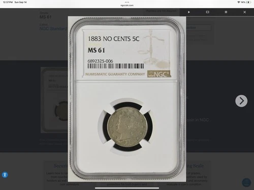 1883 Liberty Head V Nickel “No Cents” • NGC MS61 • First Year Philadelphia