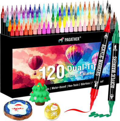 120 Colors Acrylic Paint Markers, Dual Tip Fine Tip and Brush Tip Pens Contain 2