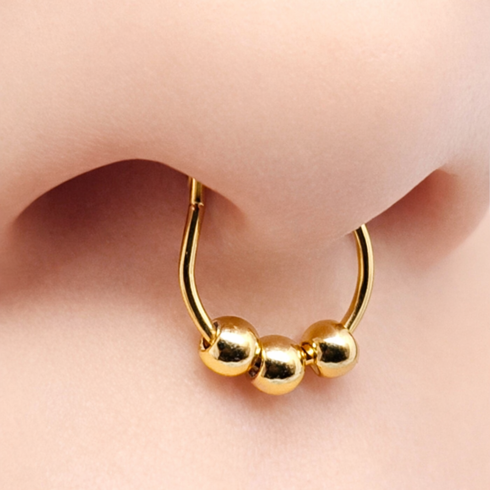 Fake Septum 3 Ball Nose Ring Gold Clip On Hanger Hoop Non Piercing Jewellery