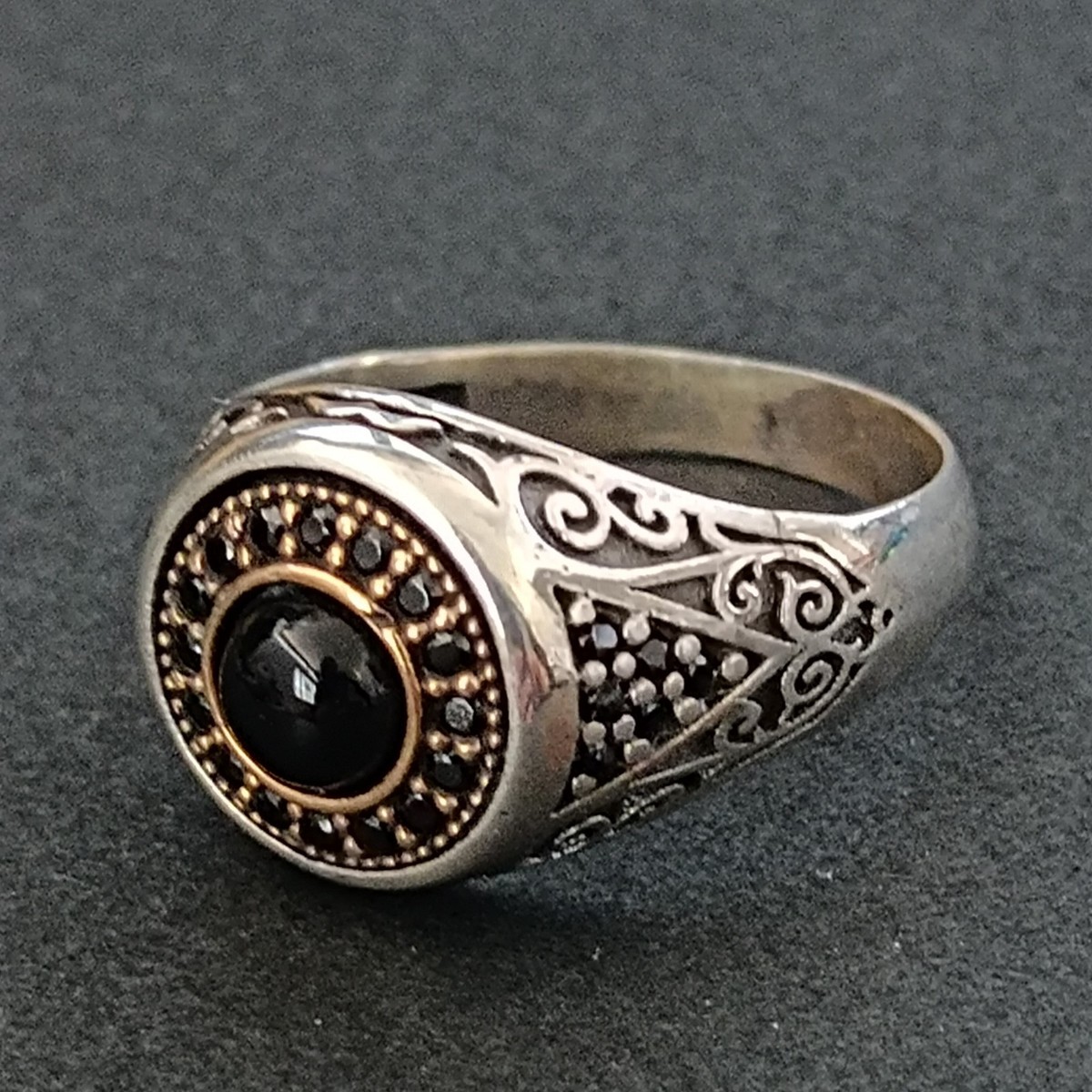 Men's Sterling Silver Onyx Ring Byzantine Style Black Stone