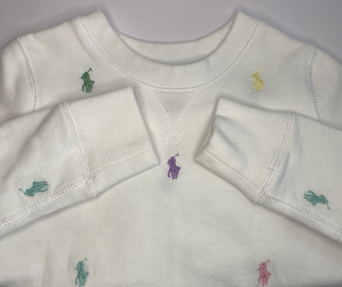 POLO RALPH LAUREN Felpa Pile Bianca Multicolore Ricamata PONY Taglia 7 SM