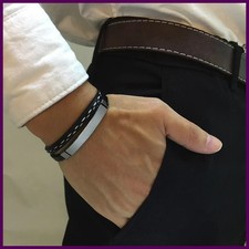 Vnox Unique Sew Lines Genuine Leather Bracelets for Men Women Stainless Steel