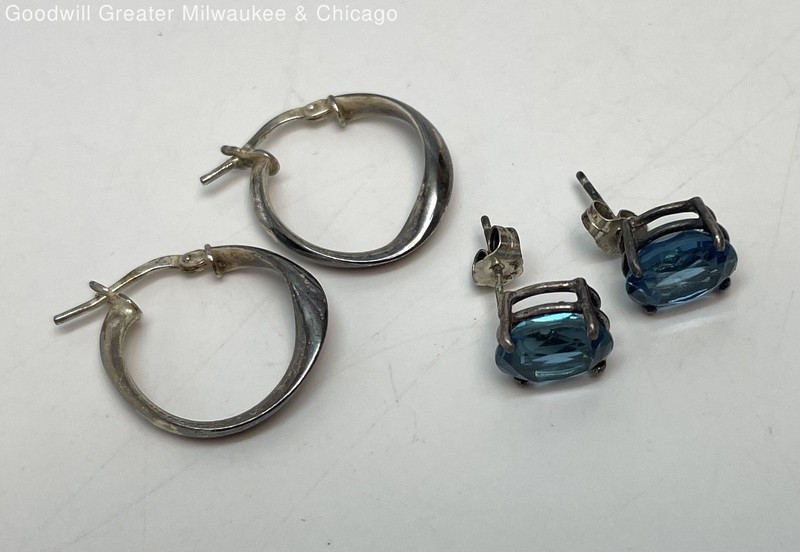 925 Sterling Topaz Faceted Oval Post & Twisted Hoop Earrings 5.2g
