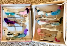 Vtg 12 Chenille Birds in Original Box, pipe cleaner ornaments  + 3 birds NOS