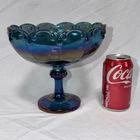 Large Blue Purple Irridescent Carnival Glass Pedestal Compote Fruit Bowl