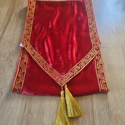 Vintage Rot Viskose Samt Gold Bestickt Tischläufer Alter Tuch mit Quasten